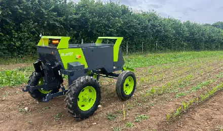 A closer look of the new robot is in the field ready to be tested. IT has the Elatec logo on it.