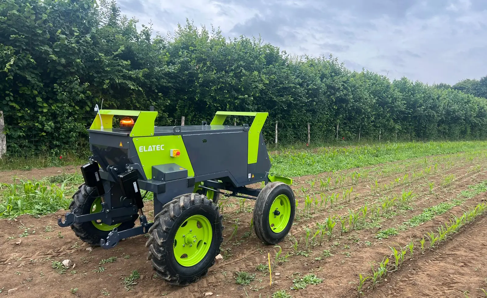 A robot is standing still in a crop ready to be tested. The robot looks like a tractor with the logo of Elatec on it.